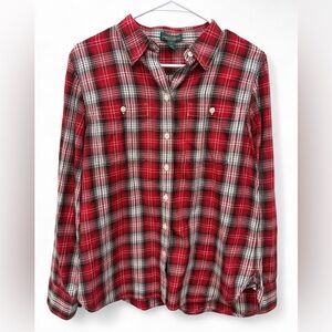 Women's‎ Lauren Ralph Lauren Red Plaid Button Down Shirt Cotton Medium Christmas